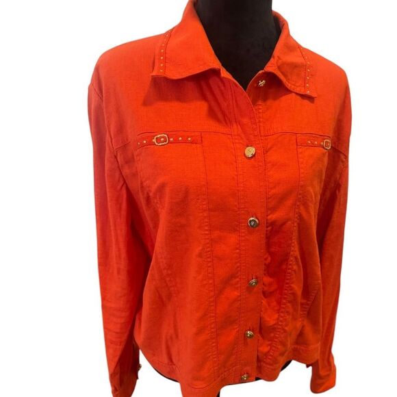 St John Sport Orange Linen Blend Blouse  SJ Buttons Amazing Detail - Picture 7 of 11